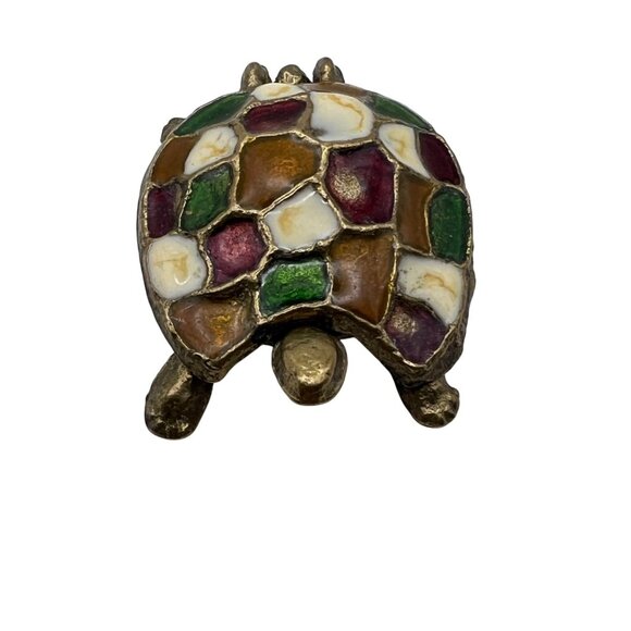 Vintage Brass Turtle Trinket Box Colorful Enamel Mosaic Shell Cottagecore Boho - Picture 2 of 12